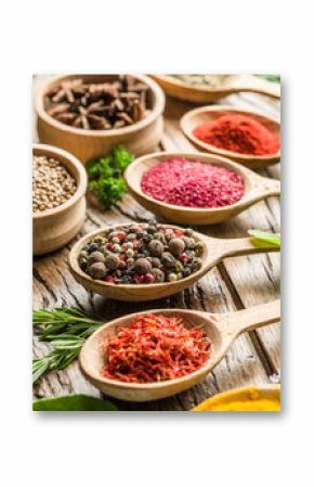 Assortment of colorful spices in the wooden spoons.