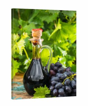Black old balsamic vinegar in a glass jug with fresh red grapes on green vineyard background