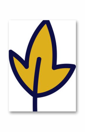 Flat graphic showing tri-lobed leaf with stem, navy outline, golden fill on transparent background