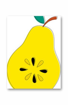 Flat pear half showing seeds with yellow highlights, green leaf, brown stem, transparent background