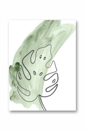 Combining green watercolor wash and black line-art, showing Monstera leaf on transparent background