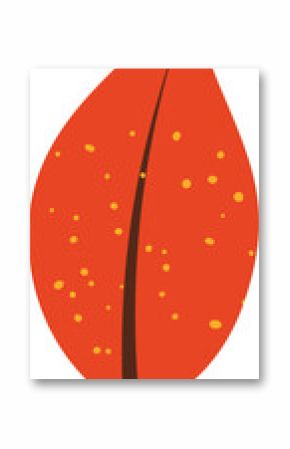 Flat vector is showing red-orange leaf floating on transparent background, with yellow speckles