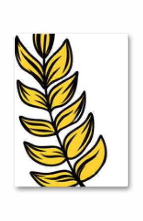 Stylized yellow leaf branch is floating on transparent background in flat design with black stem
