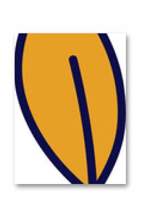 Stylized leaf is showing flat style with navy outline, central vein on transparent background