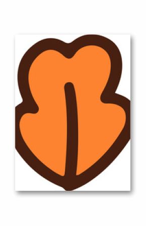 Stylized leaf is showing orange fill and brown outline in flat design on transparent background