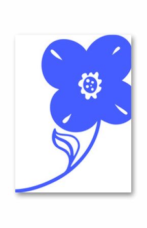 Blue five-petal flower is showing central disc and leaf in vector art, transparent background