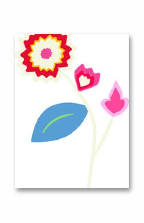 Showing flat vector floral with jagged cream-red flower, pink buds, blue leaf, transparent backdrop