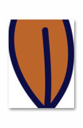 Flat design leaf is showing orange fill, navy outline, curved stem, vein, transparent background