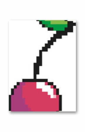 Red pixel art cherry is floating on transparent background with black stem, green leaf, white shine