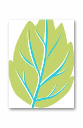 Stylized light green leaf is showing bright blue veins in flat style on transparent backdrop
