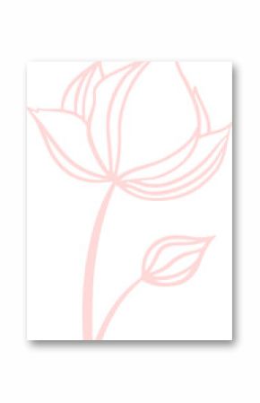 Botanical line art is showing pink flower bloom and bud on curved stem with transparent background