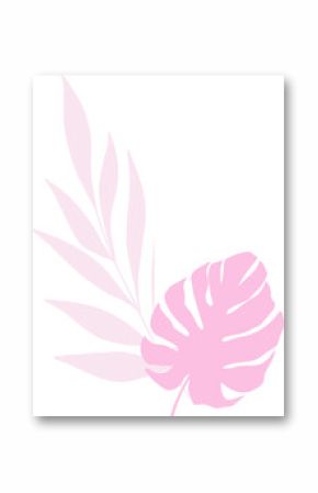 Showing stylized monstera leaf and palm frond illustration in pastel pink on transparent background