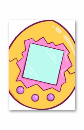 Flat egg-shaped toy is floating on transparent background with mint green screen and purple buttons