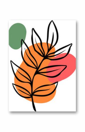 Stylized leaf branch is floating on transparent backdrop in flat design with orange red green blobs