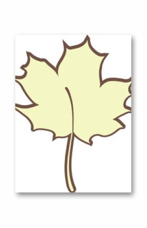 Stylized maple leaf is floating in flat vector, yellow fill, brown border on transparent background
