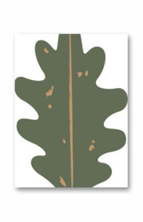 Flat oak leaf art is showing lobed shape with beige vein and speckled spots, transparent background