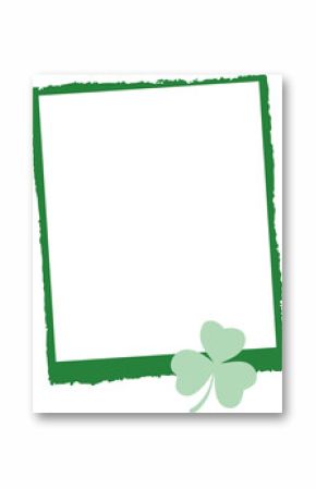 Rough-edged green square frame is showing pale three-leaf clover on clear background, copy space