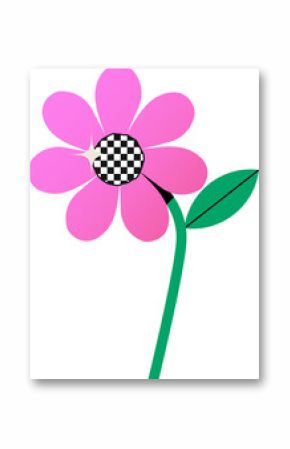 Pink daisy is standing on transparent backdrop in flat design with checkerboard core and green leaf