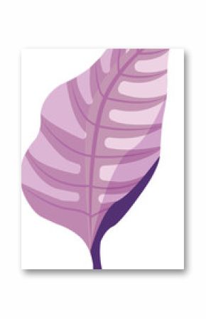 Flat vector pink-purple leaf is displaying central vein and oval markings on transparent background