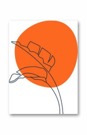 Stylized tropical leaf is floating in flat design over orange shape, transparent background