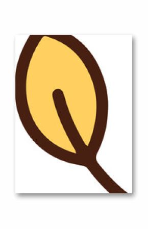 Stylized yellow leaf is floating in flat design with brown border, vein and transparent background