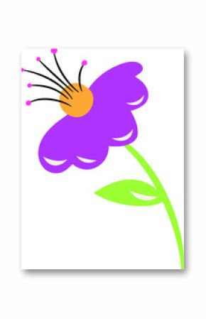 Flat purple flower is showing petals, orange disc and green leaf, transparent background copy space