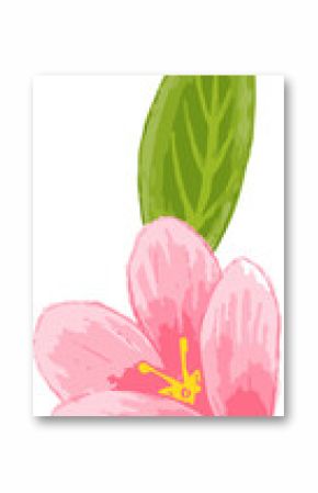 Showing flat design of pink five-petal bloom, yellow stamens and green leaf on transparent backdrop