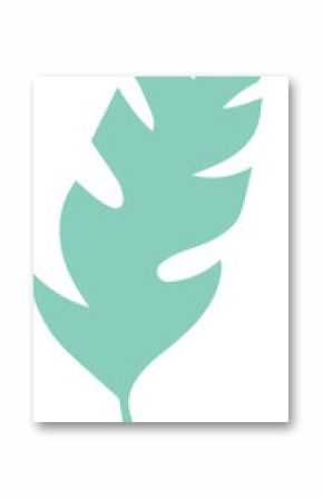 Turquoise green leaf silhouette is floating over transparent background, in flat design style