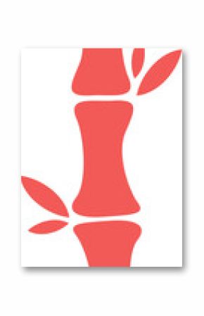 Flat design red bamboo stalk is showing three segments with leaf clusters on transparent background