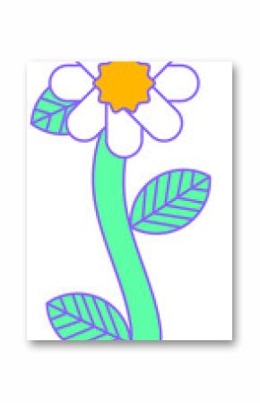 Minimalist vector flower is showing white petals green stem striped leaves on transparent backdrop