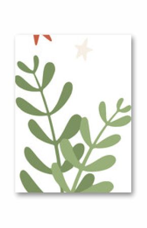 Showing vector green leaf branch and floating orange-red off-white stars on transparent background