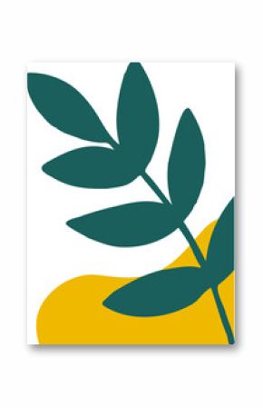 Six-leaf dark teal branch is floating over yellow shape in flat design on transparent background