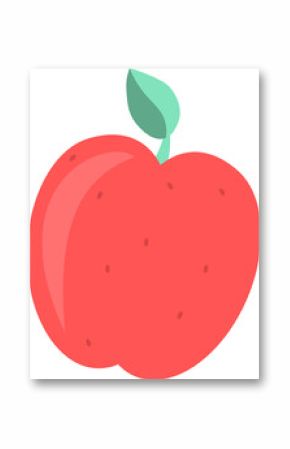 Red apple is floating on transparent background in flat style with mint-green stem, copy space