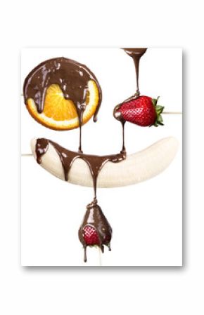 strawberries, orange and banana with chocolate