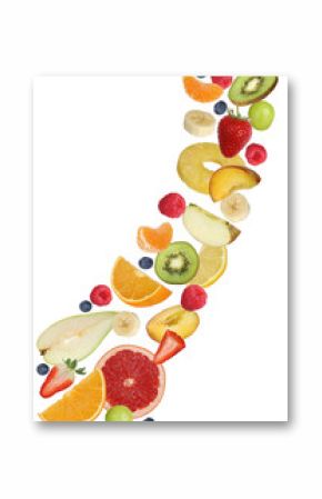 Fliegende Früchte wie Orange Frucht, Apfel, Banane und Erdbeere