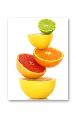 Fresh citrus fruit in a row on white background