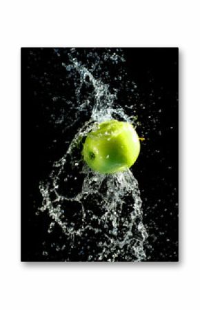 Green apple with water splash, on black