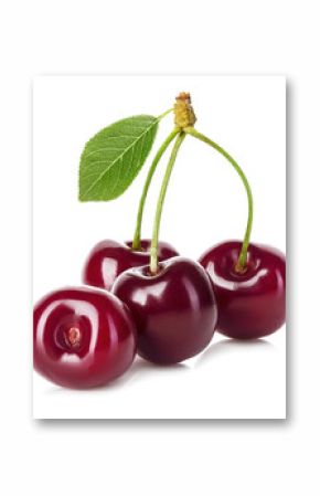 Juicy cherry with leaf close-up on a white background.