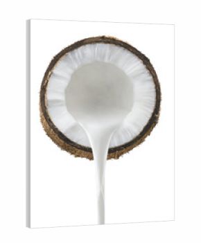 Coconut milk pouring front view isolated on white background