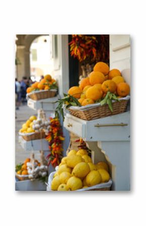 fresh crop of oranges and lemon in wooden boxes on a street market 