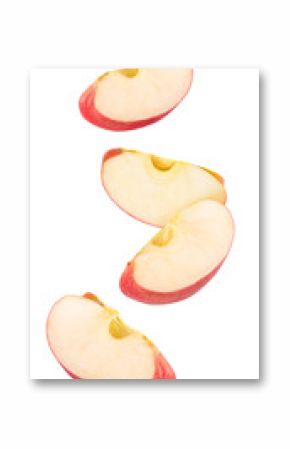 Isolated flying apple wedges. Four falling pieces of red apple fruit isolated on white background with clipping path