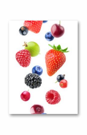 Isolated falling berries. Mixed fruits float in the air (blueberry, blackberry, raspberry, strawberry, gooseberry, cherry, black and red currants) isolated on white background with clipping path