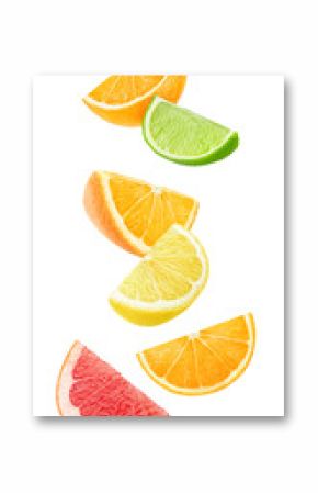 Isolated citrus fruits wedges. Floating pieces of orange, lemon, lime and grapefruit isolated on white background with clipping path