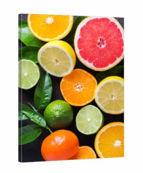 Citrus fruits background. Orange, grapefruit, tangerine, lime, lemon vitamin