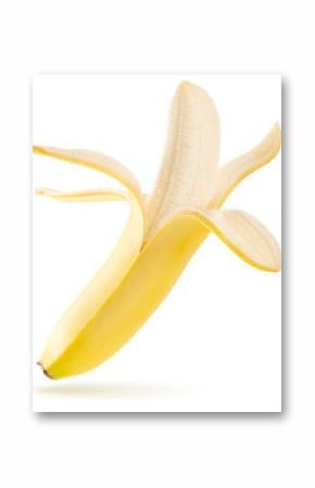 open ripe banana flying isolated on white