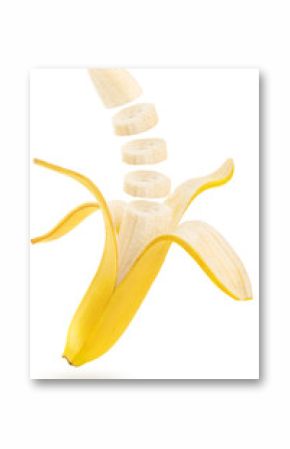 open and sliced banana floating on white 