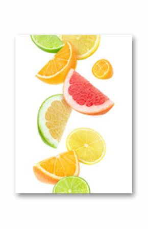Isolated citrus fruits pieces in the air. Sliced orange, lemon, lime, grapefruit and kumquat falling isolated on white background with clipping path