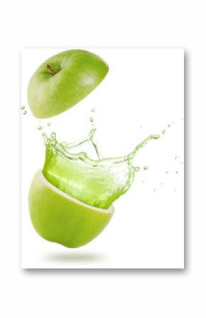 juice splashing out of a green apple isolated on white background