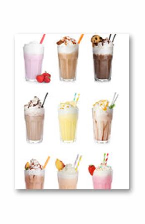 Set with different delicious milk shakes on white background