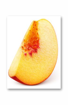 Slice of ripe peach fruit isolated on white background. Peach slice with clipping path. Full depth of field.